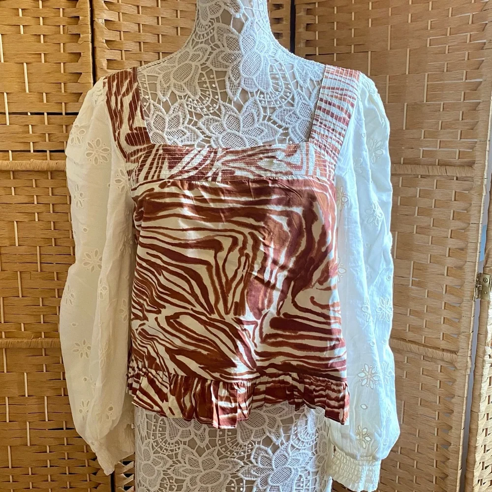NWT: Anthropologie Love the Label Smocked Puff Sleeve Blouse Neutral Zebra XL